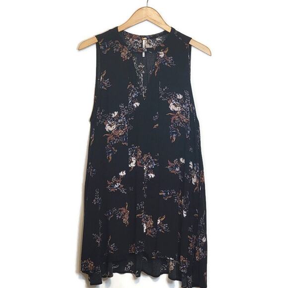 Free People Floral Mini Dress Black V Neck Sleeveless Swing Flowy Babydoll S - Picture 2 of 16